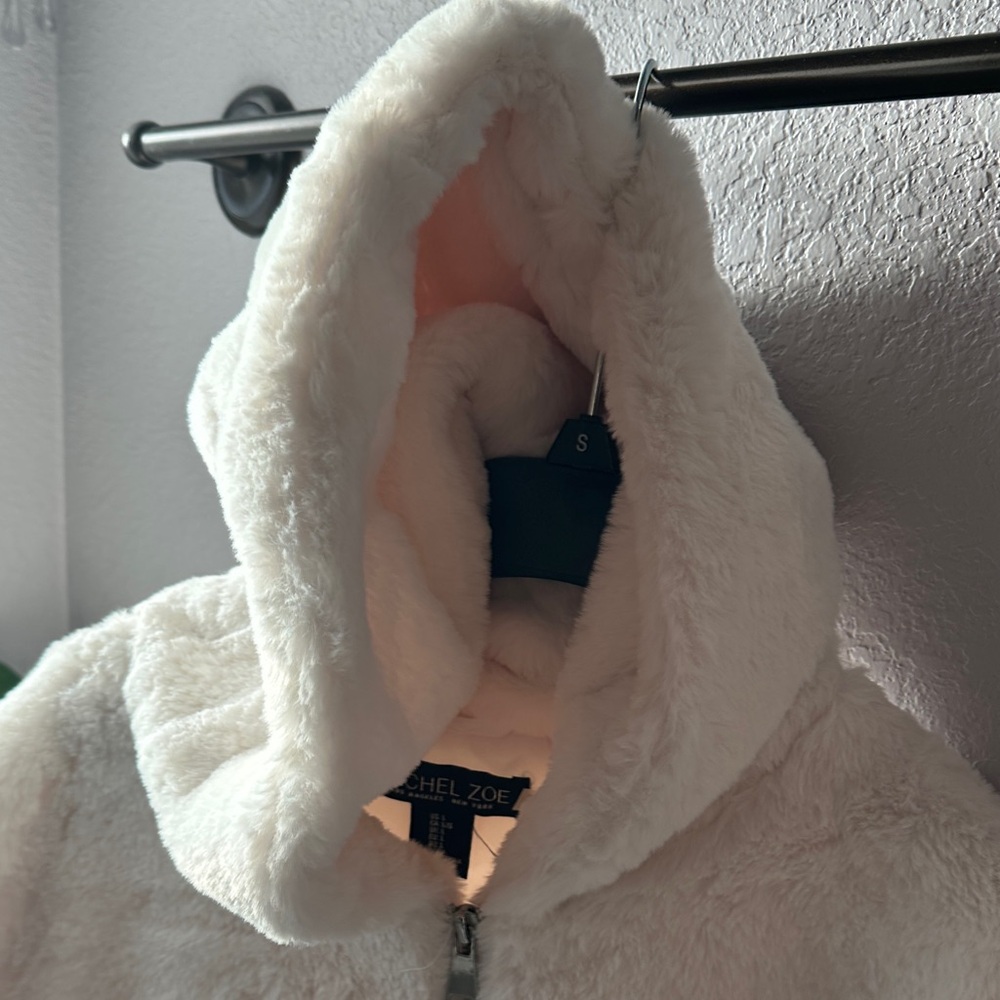 Rachel Zoe White Plush Fur Hooded Coat